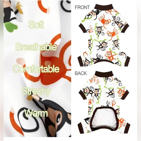 XPudac NWOT Dog 2pc White Monkey & Dinosaur Print Full Body Pajama Set Size XS - Picture 6 of 7